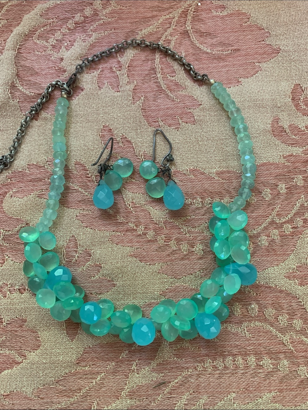 Chalcedony Teal Cluster Necklace & Earrings - Women Jewelry